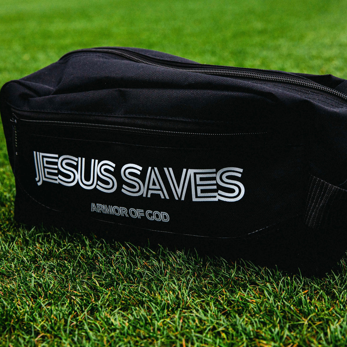 'Jesus Saves' boot bag with Armor of God print by Faithful Champions