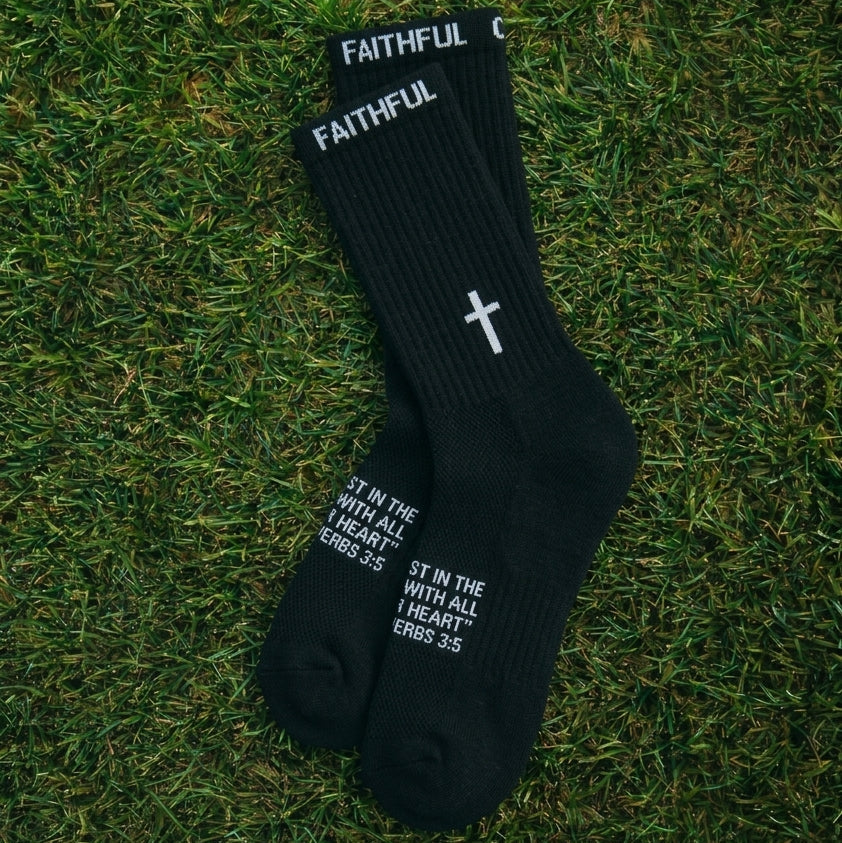 Black 'Cross' non-grip athletic crew socks by Faithful Champions