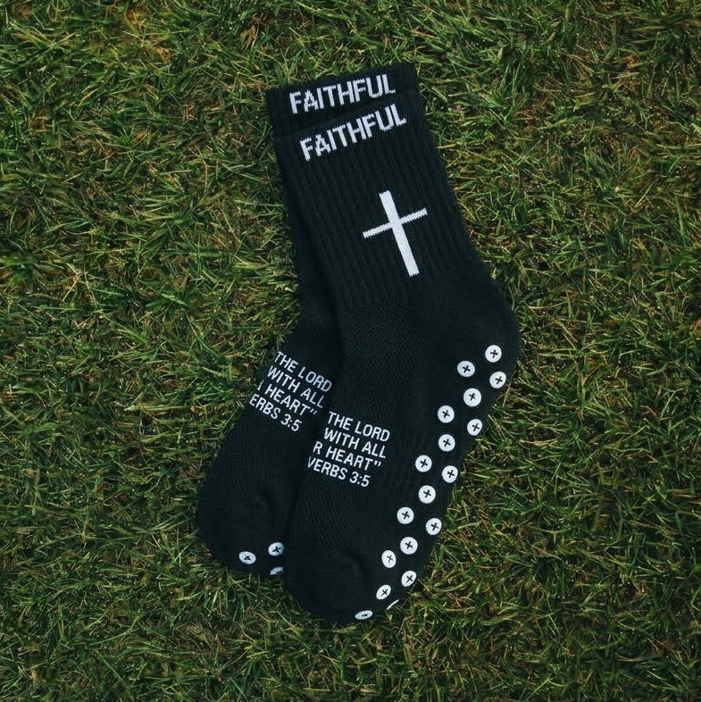 Black youth 'Cross' grip socks by Faithful Champions