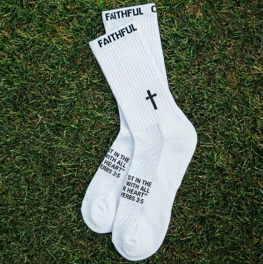 White 'Cross' non-grip athletic crew socks by Faithful Champions