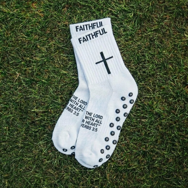 White youth 'Cross' grip socks by Faithful Champions