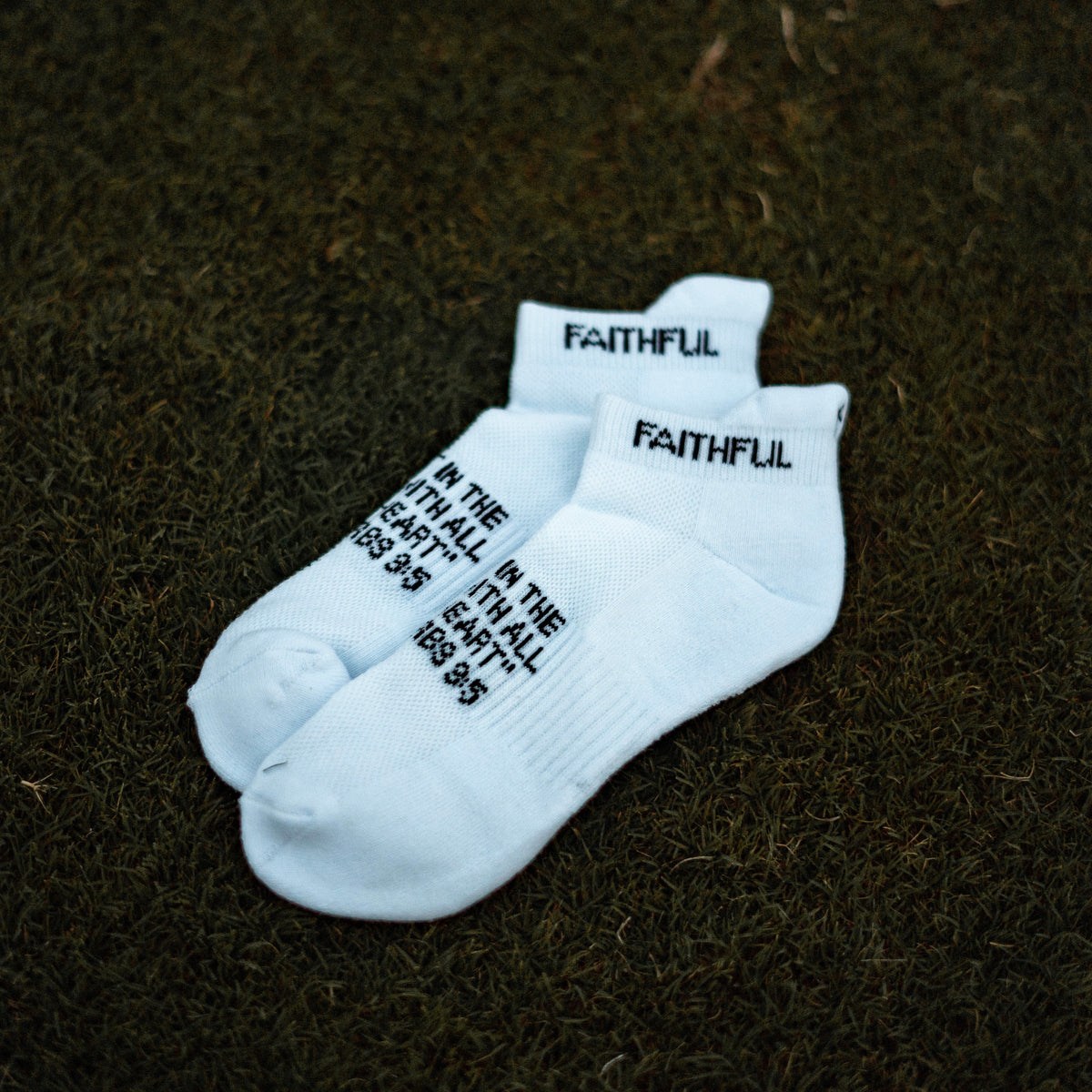 White 'Cross' performance ankle socks with embroidered cross by Faithful Champions